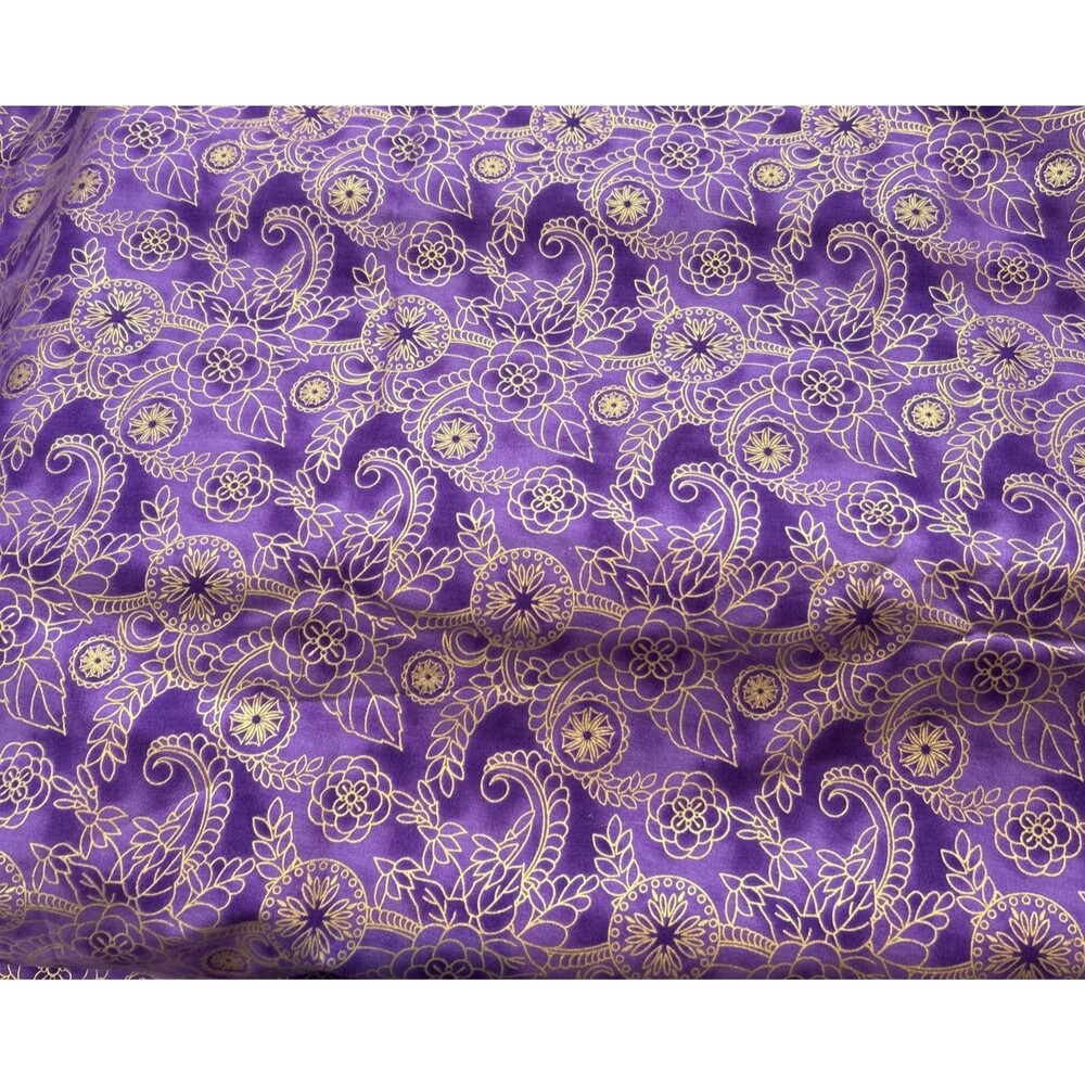 Purple & Gold Metallic Pattern Floral Medallion Cotton Quilting Fabric 3.4 Yd